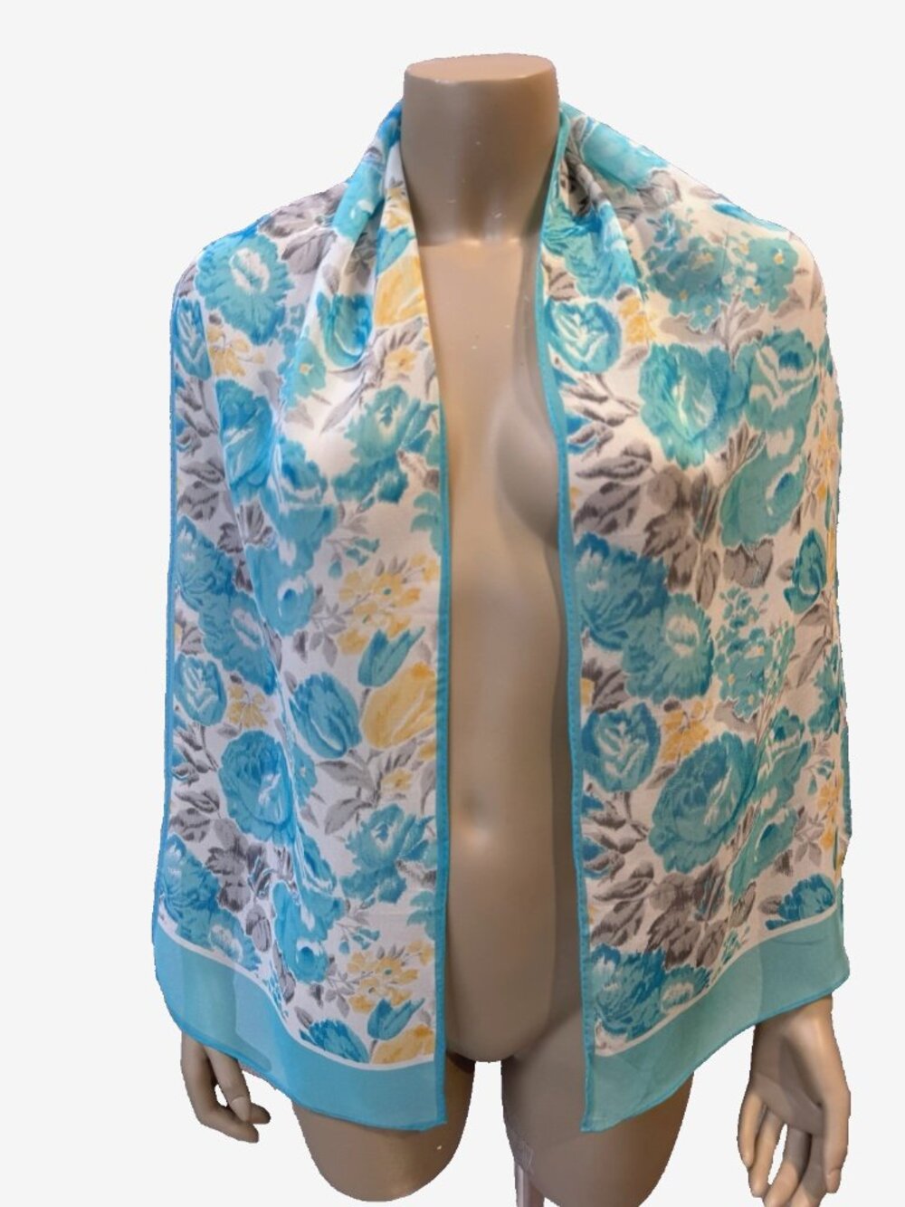 VTG Evan Picone Silk Chiffon Scarf, 11"x60" Teal/White Florals Summer Resortwear